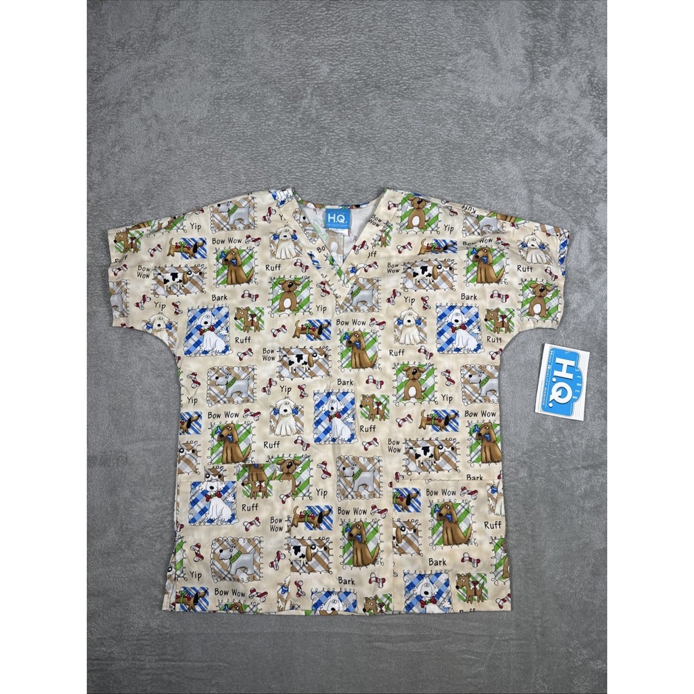 Scrub H.Q. Dogs Print Short Sleeve V-Neck Pullover Scrub Top Size XS